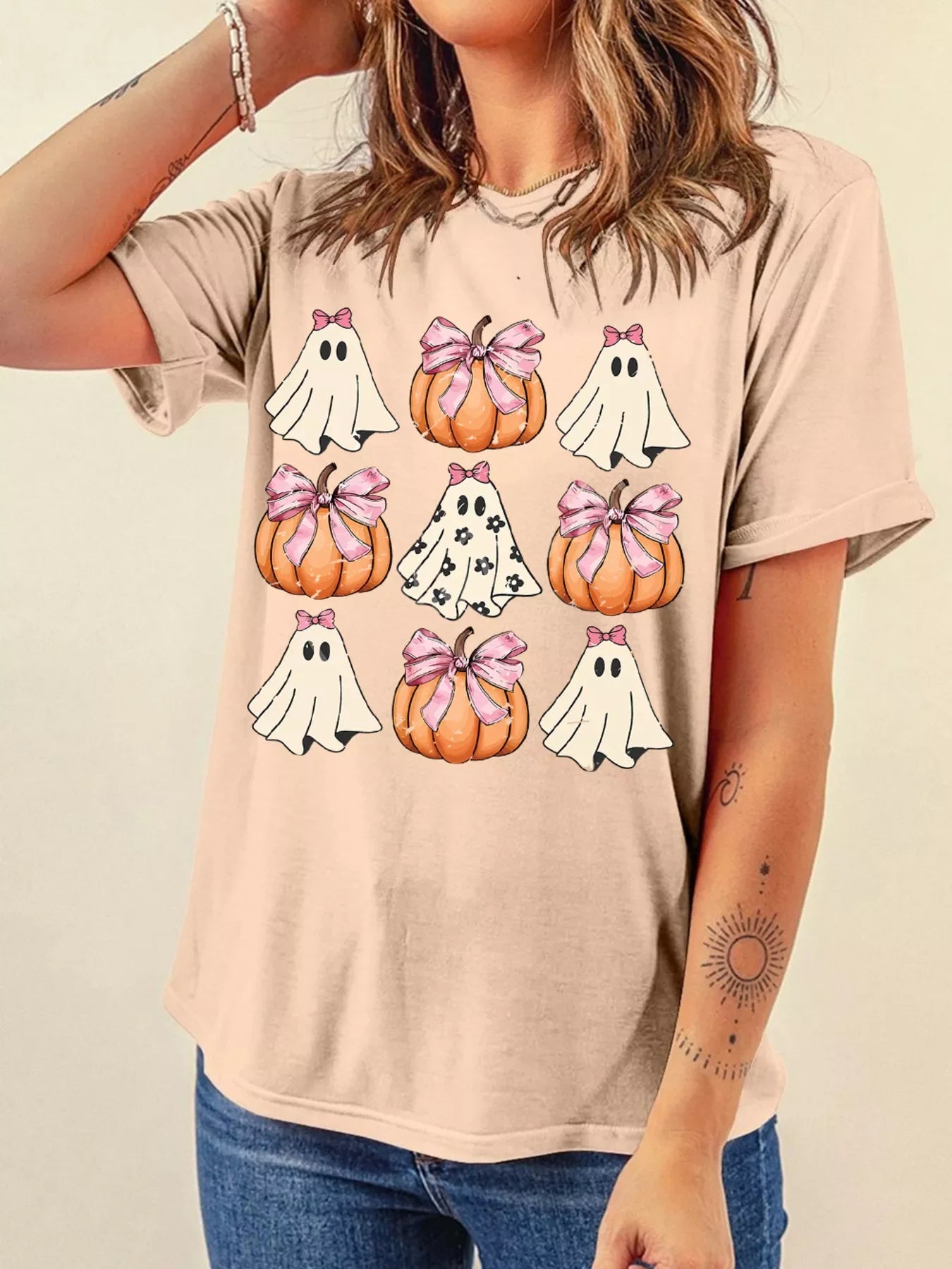 Halloween Bowknot Ghost Pumpkin Graphic T Shirt