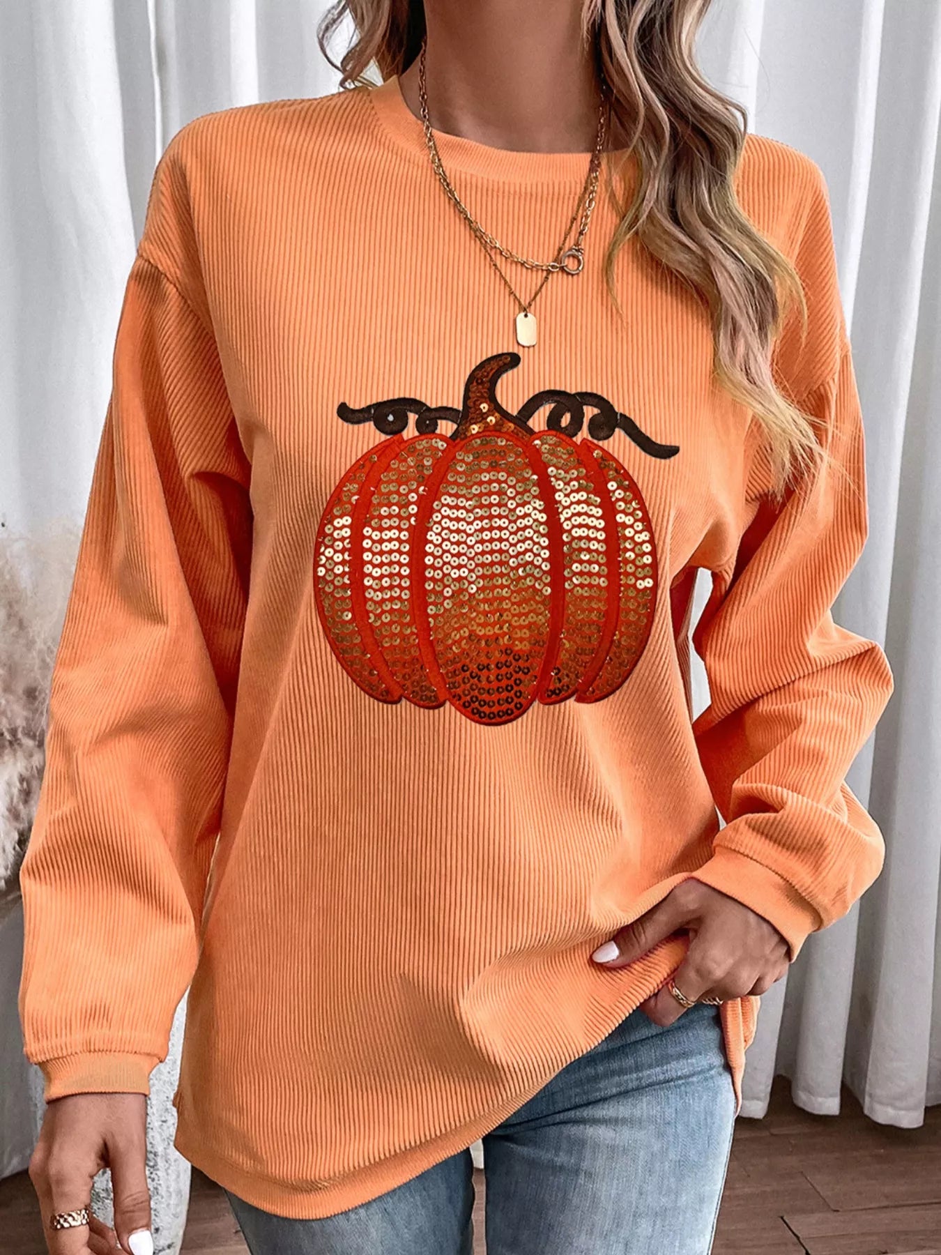 Halloween Sequined Pumpkin Ribbed Round Neck Sweatshirt