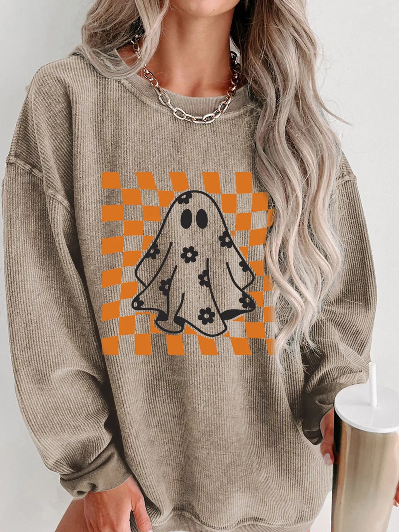 Halloween Checkerboard Floral Ghost Graphic Corded Sweatshirt