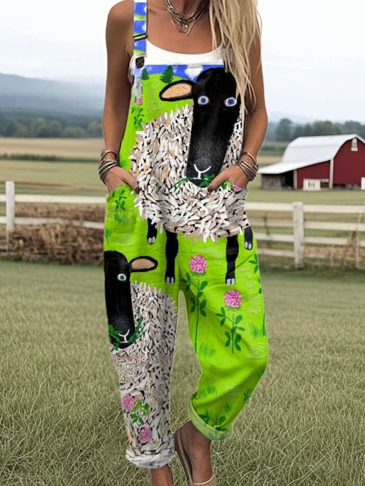 Meela - Whimsical Sheep Print Jumpsuits