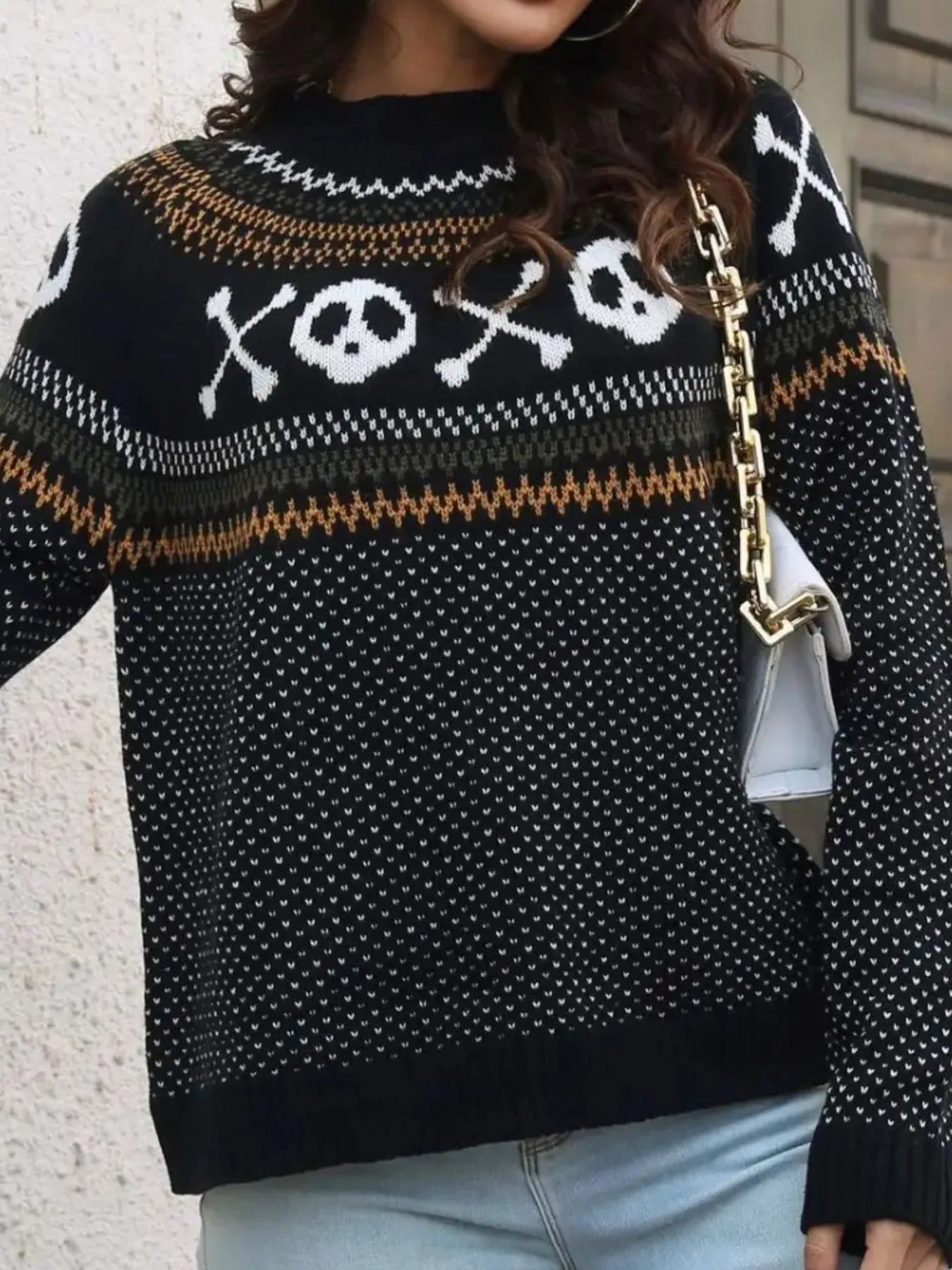 Skull Pattern Round Neck Sweater