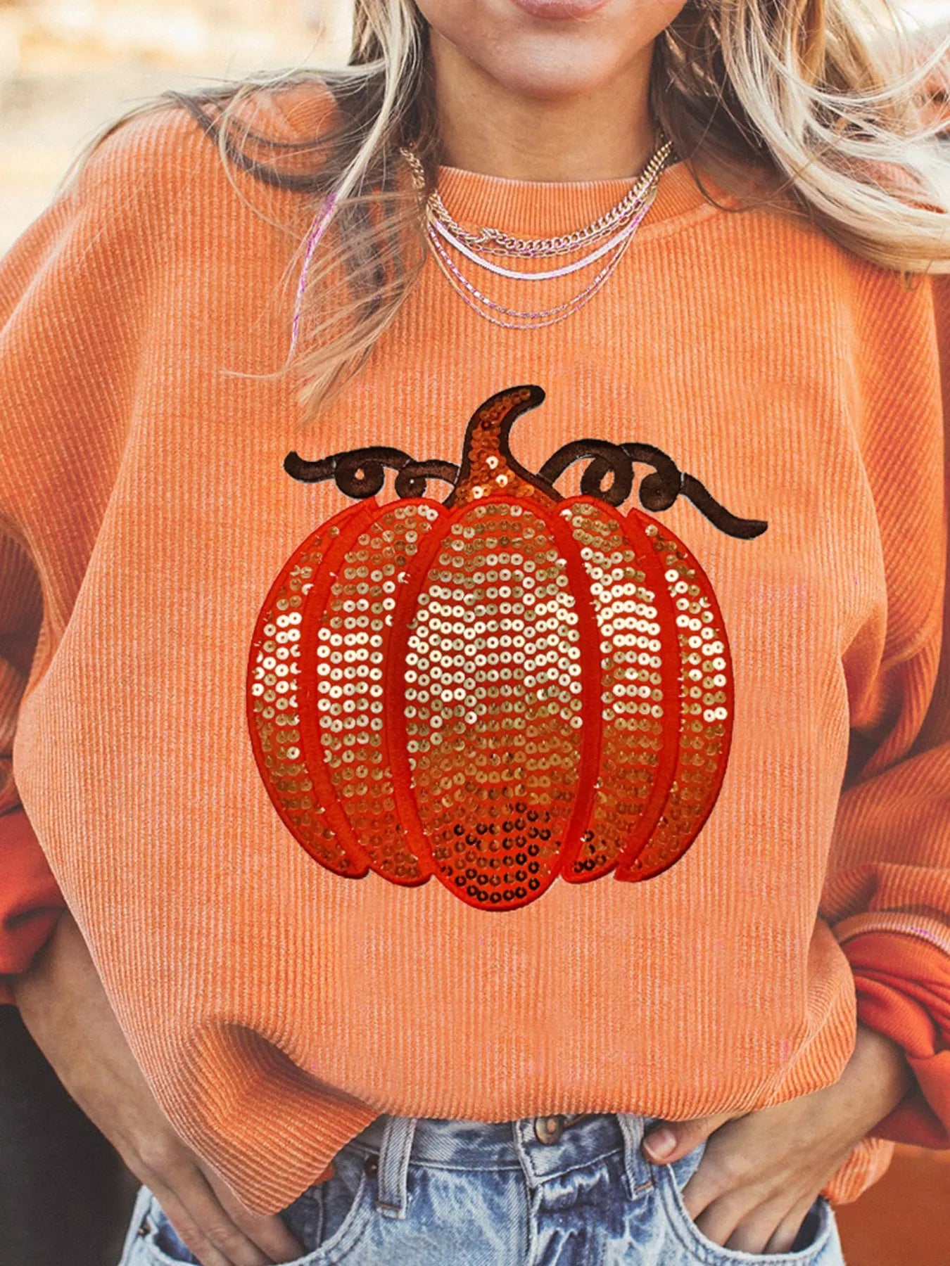 Halloween Sequined Pumpkin Ribbed Round Neck Sweatshirt