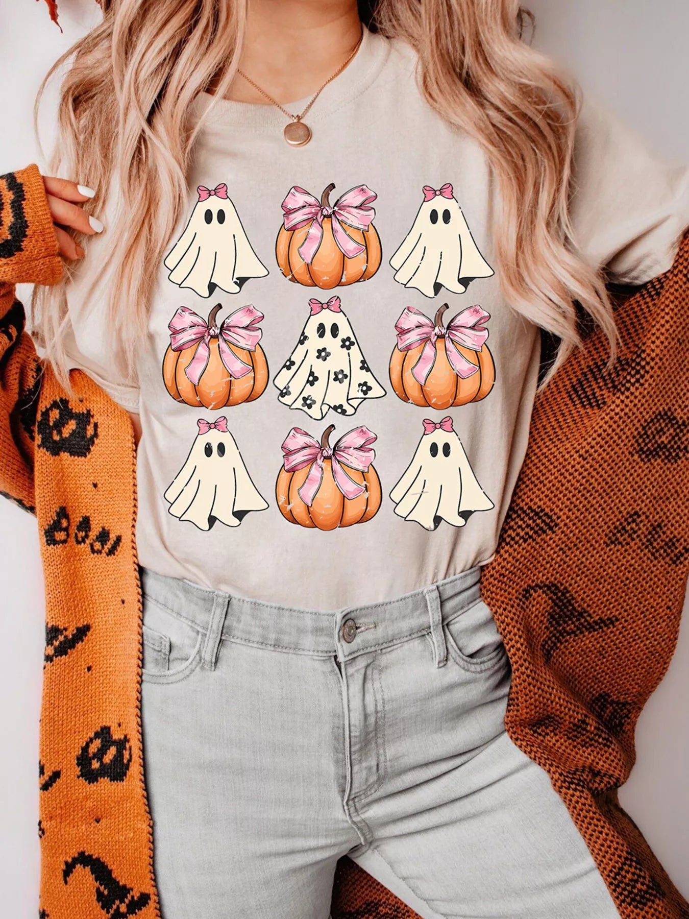 Halloween Bowknot Ghost Pumpkin Graphic T Shirt