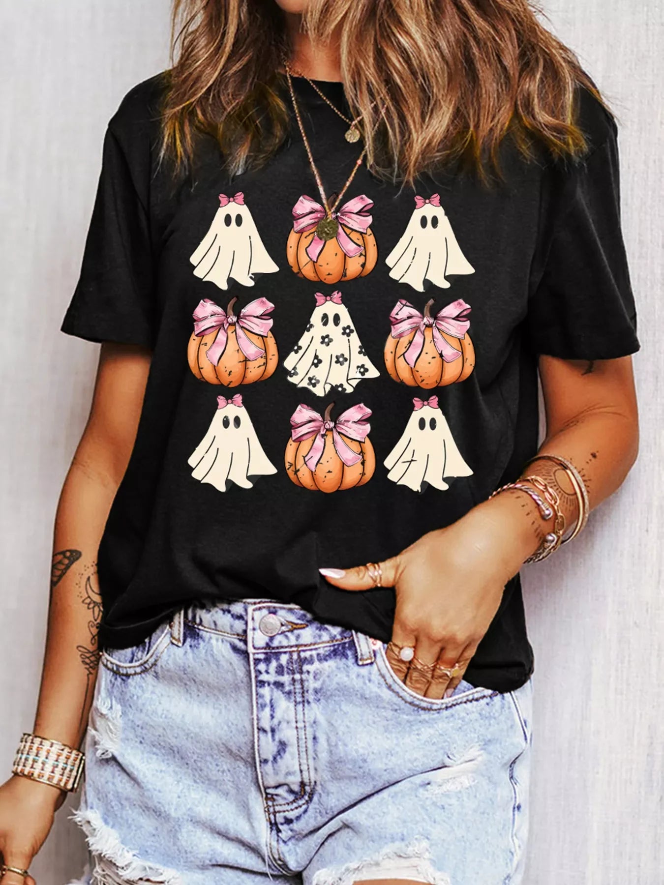 Halloween Bowknot Ghost Pumpkin Graphic T Shirt