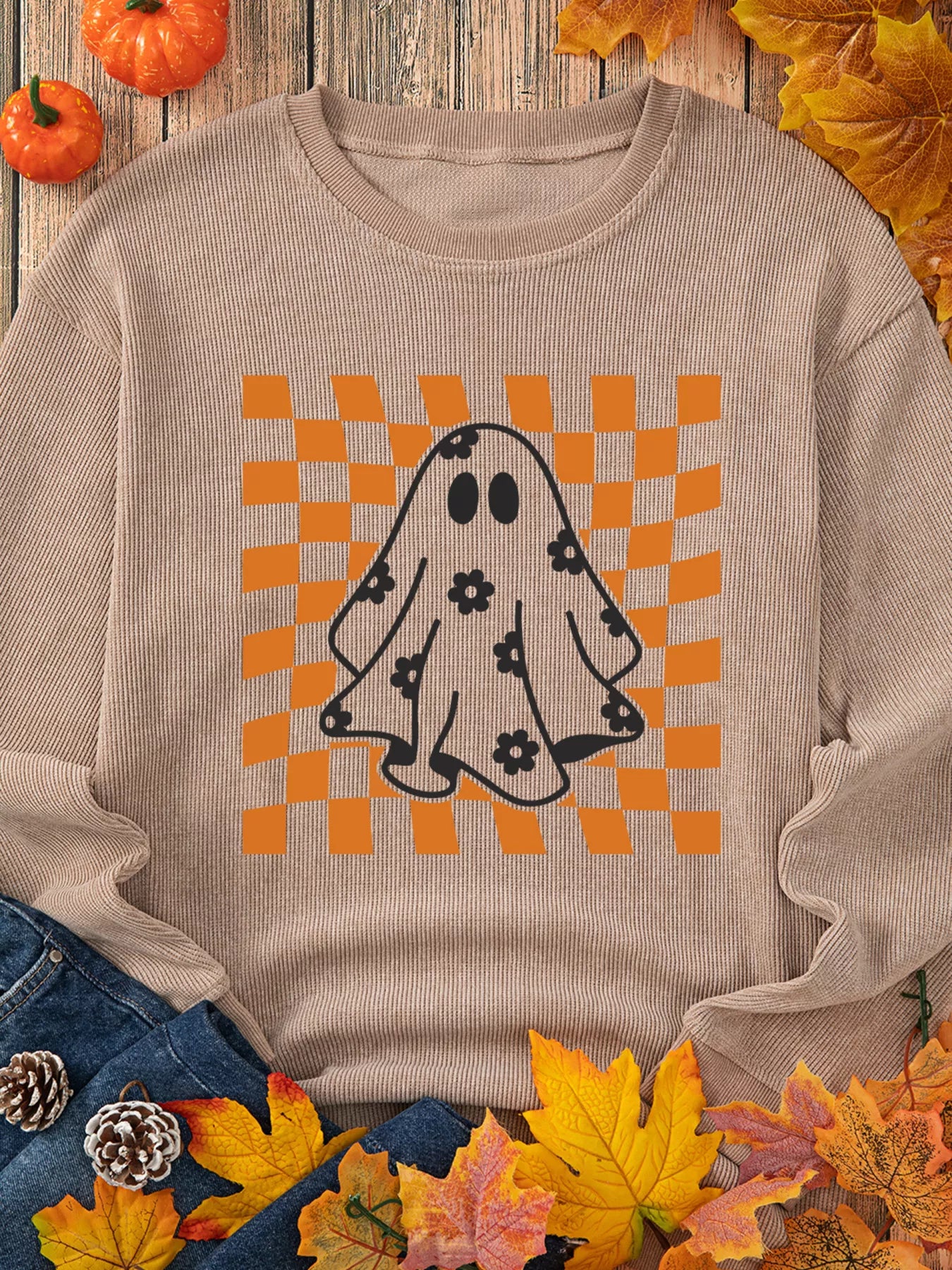Halloween Checkerboard Floral Ghost Graphic Corded Sweatshirt