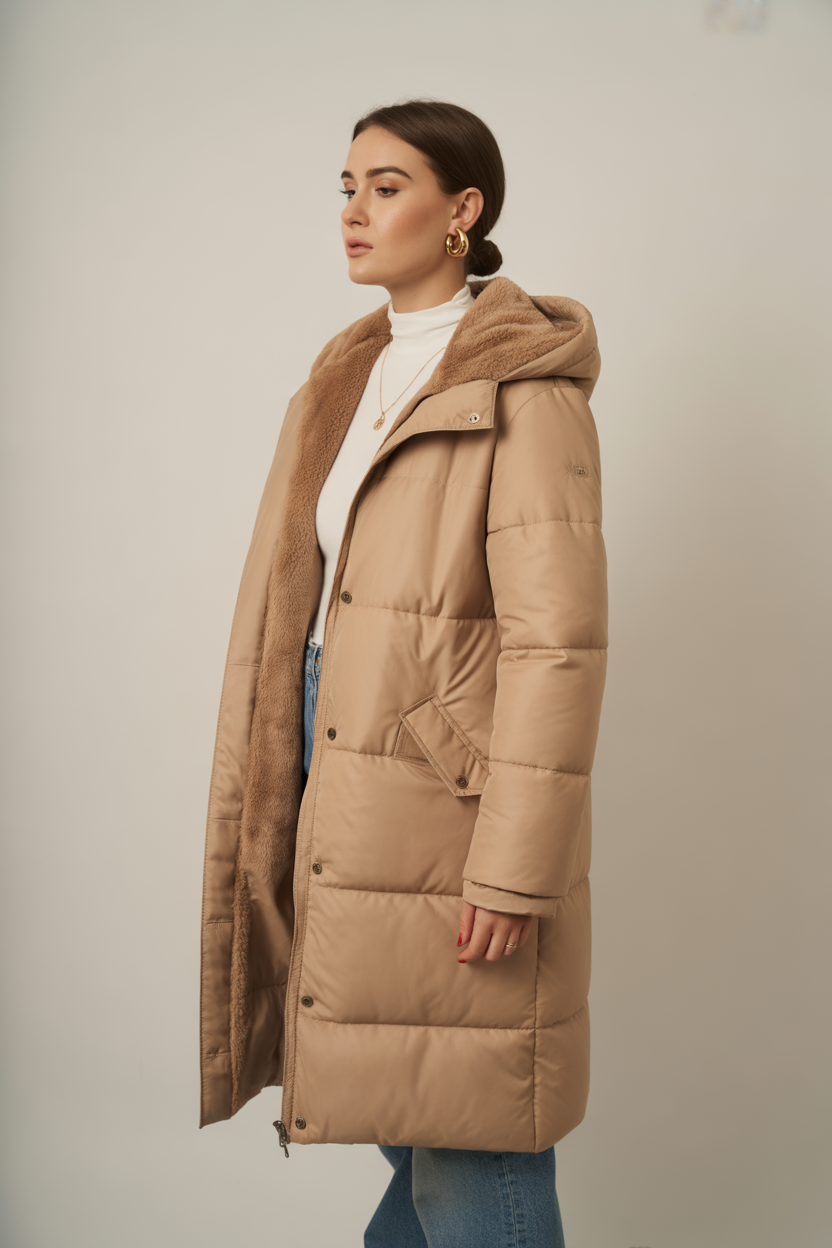 Bella | Women's Long Quilted Jacket with Hood & Faux Fur