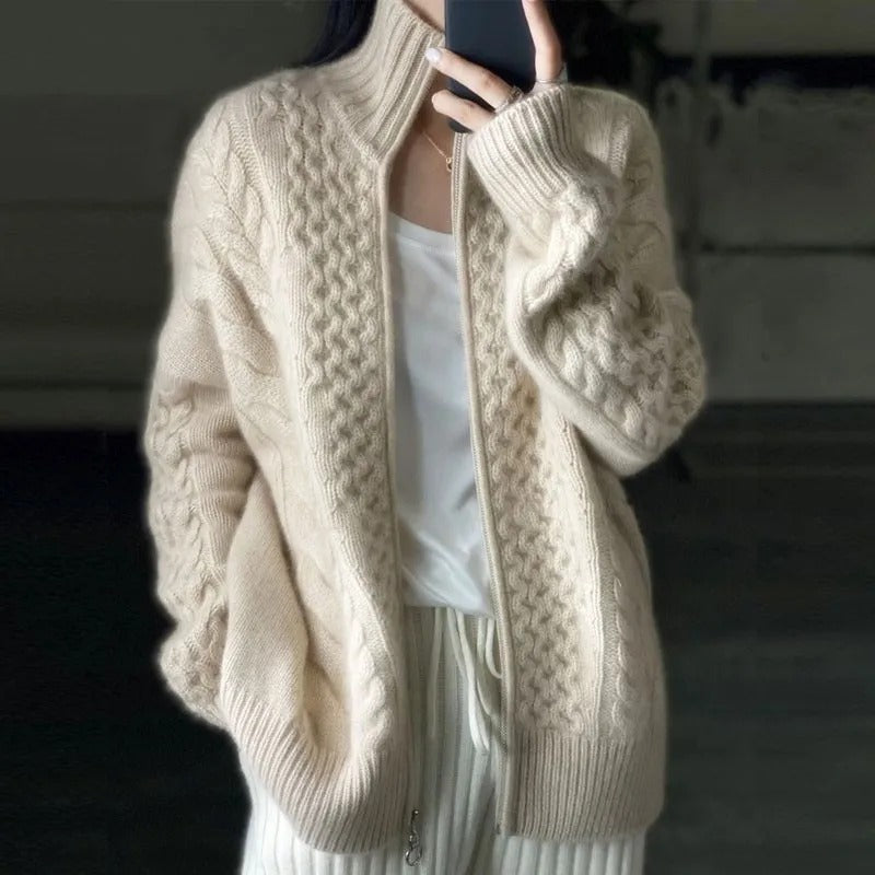 Nathalie – Woolen Cable-Knit Cardigan