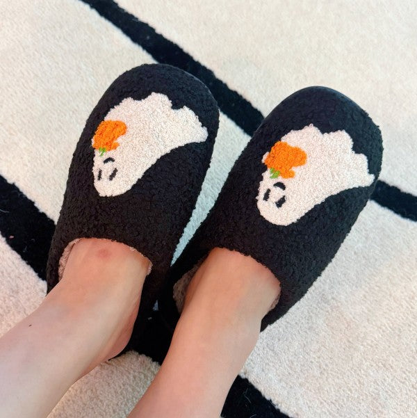Spooky Ghost Cozy Slippers – Soft Black Slippers w