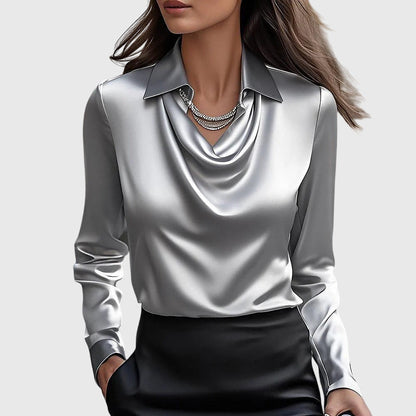 Sieda | Blouse with Luxurious Shine and Pleated Neckline