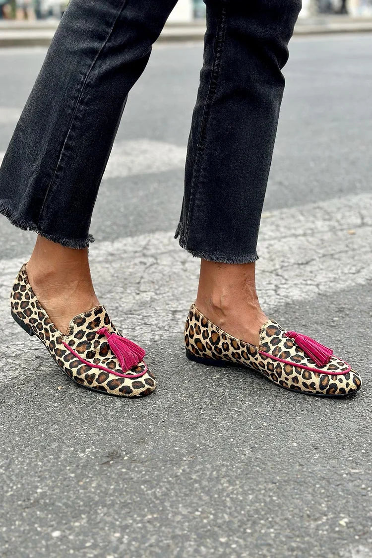 Edith | Animal Print Loafer With Fuchsia Fringes