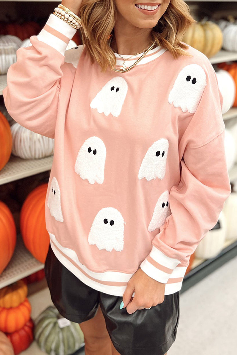 Gossamer Pink Halloween Terry Ghost Striped Trim Loose Sweatshirt