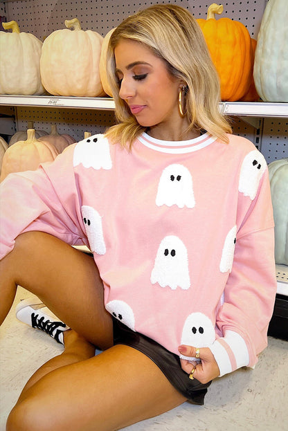 Gossamer Pink Halloween Terry Ghost Striped Trim Loose Sweatshirt