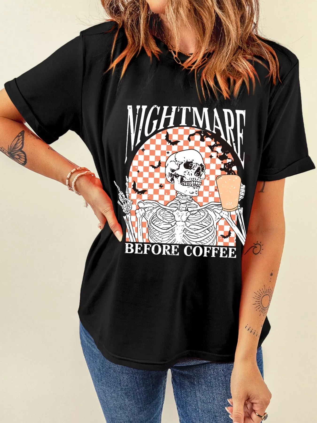 Halloween Skull Checkerboard Graphic Round Neck Tee