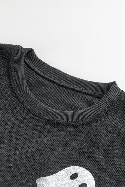 Black Halloween Ghost Corded Crew Neck Loose Sweatshirt