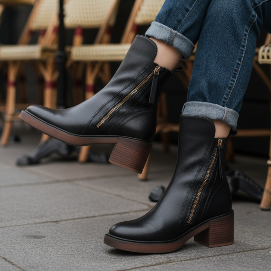Valorine™ Black Leather Heel Boot