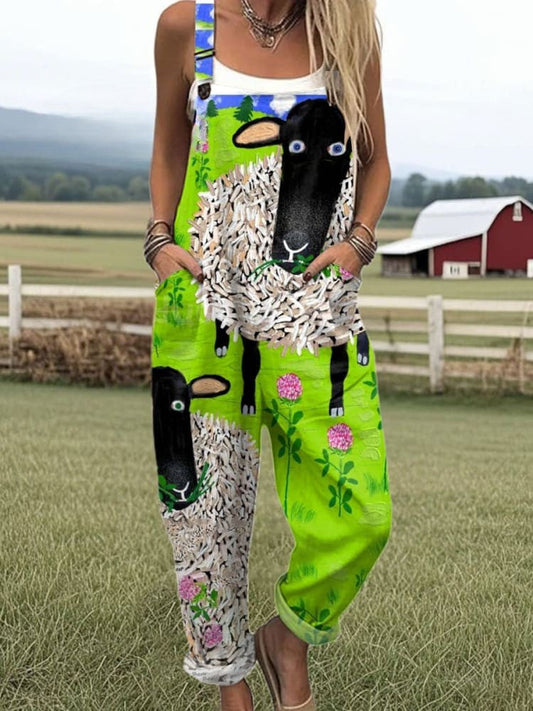 Meela - Whimsical Sheep Print Jumpsuits