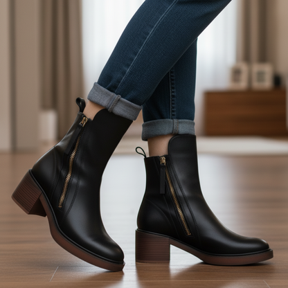 Valorine™ Black Leather Heel Boot