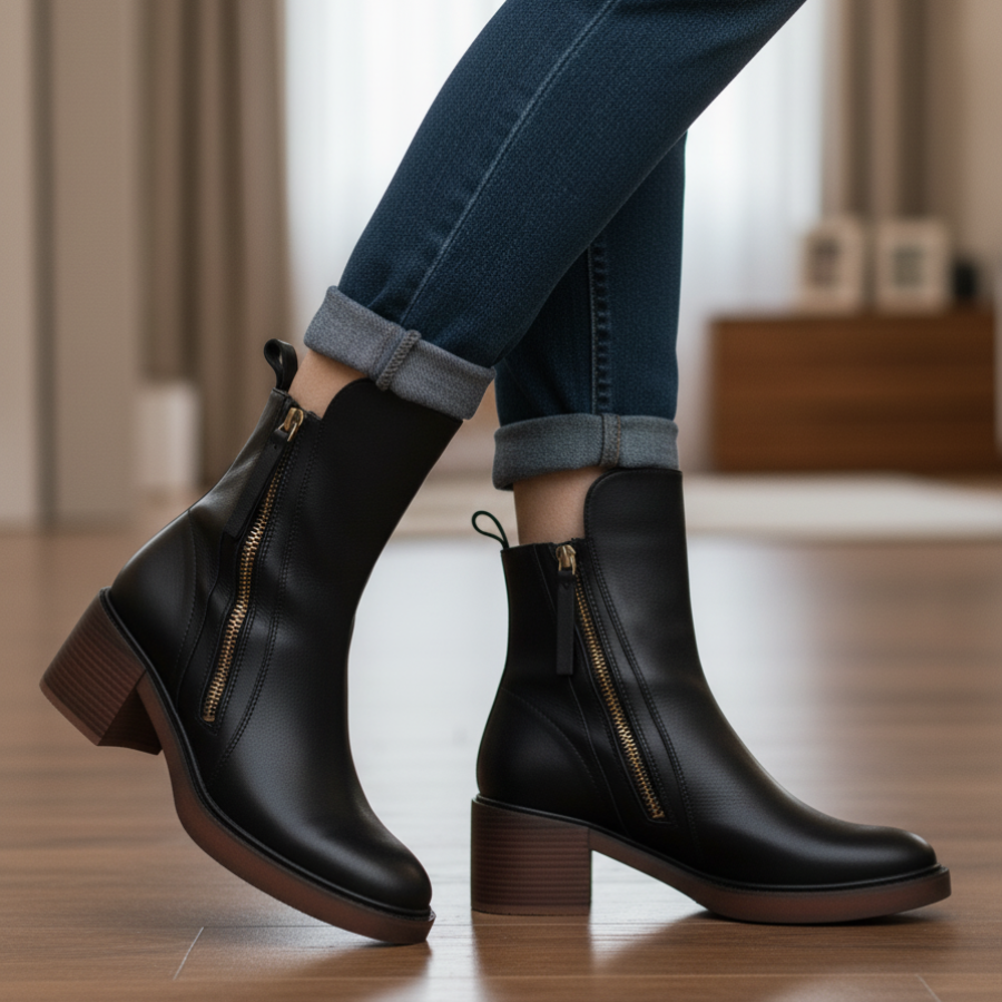 Valorine™ Black Leather Heel Boot