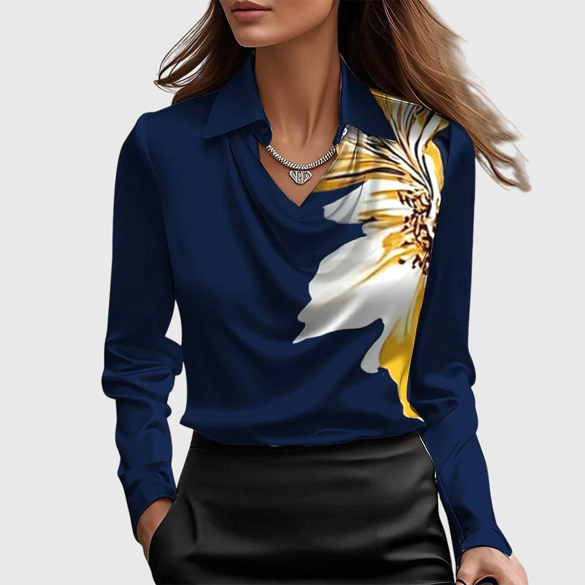 Sieda | Blouse with Luxurious Shine and Pleated Neckline