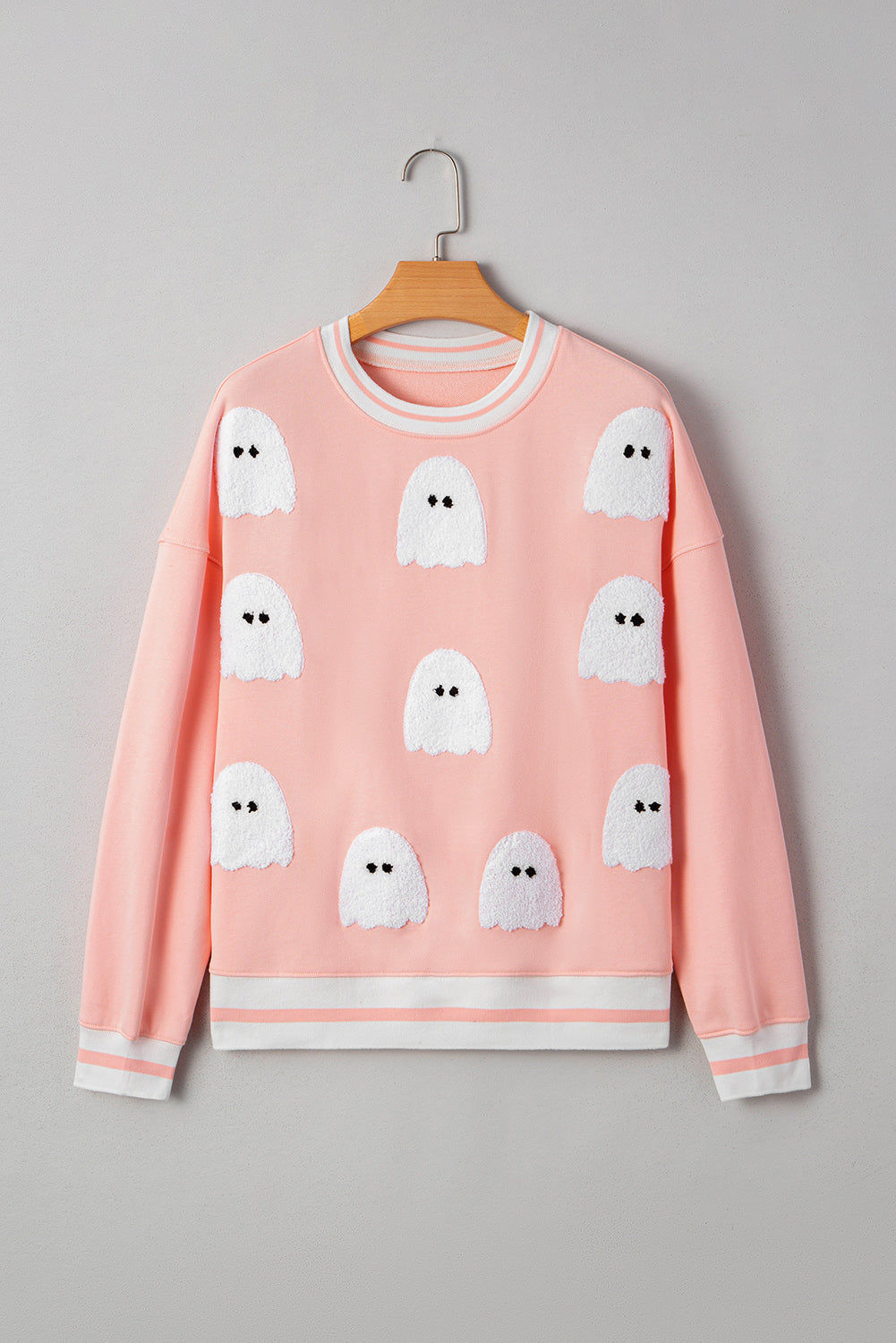 Gossamer Pink Halloween Terry Ghost Striped Trim Loose Sweatshirt