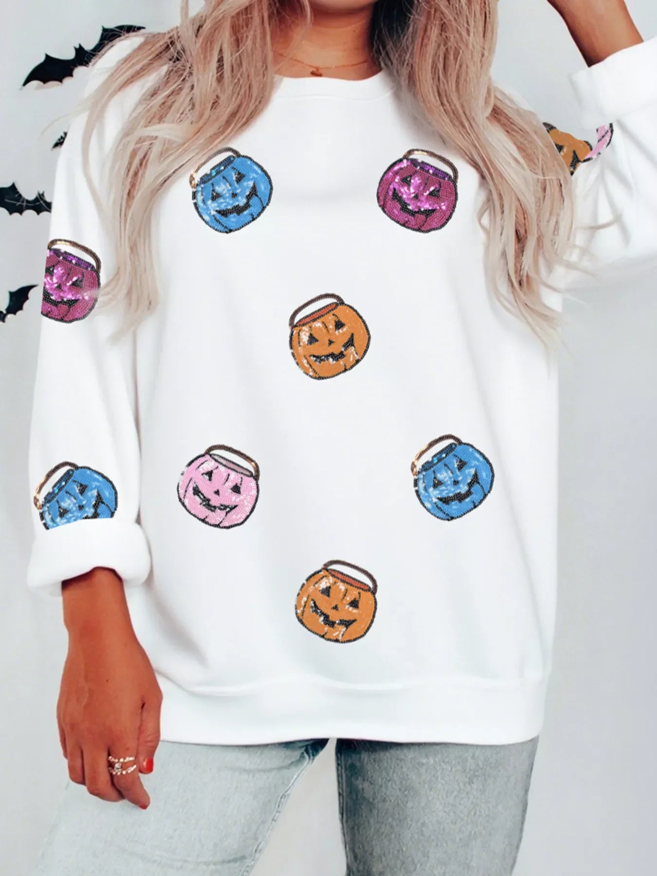 Halloween Pumpkin Lantern Sequin Patched Sweatshirt