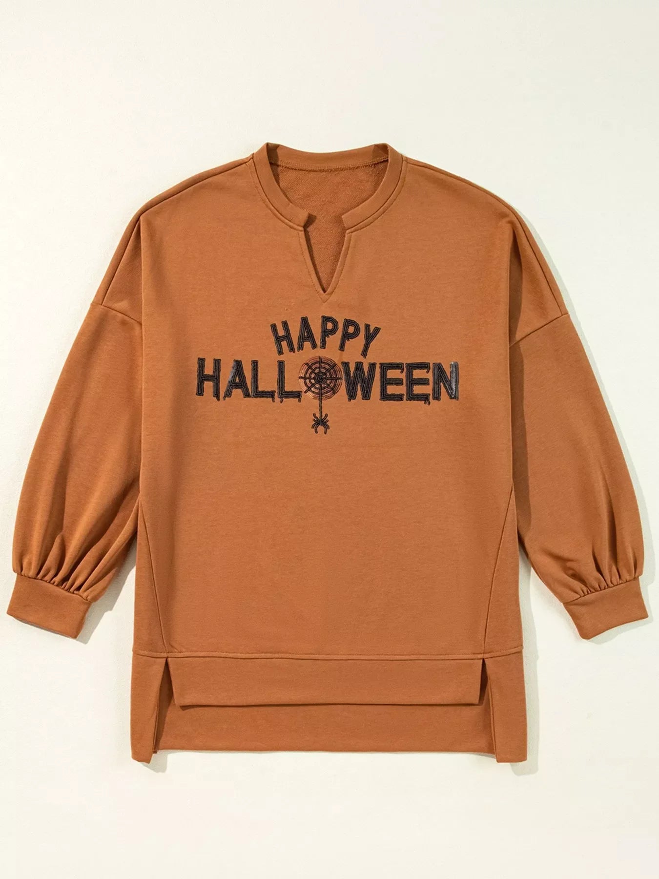 Happy Halloween Graphic Notched Long Sleeve Loose Top