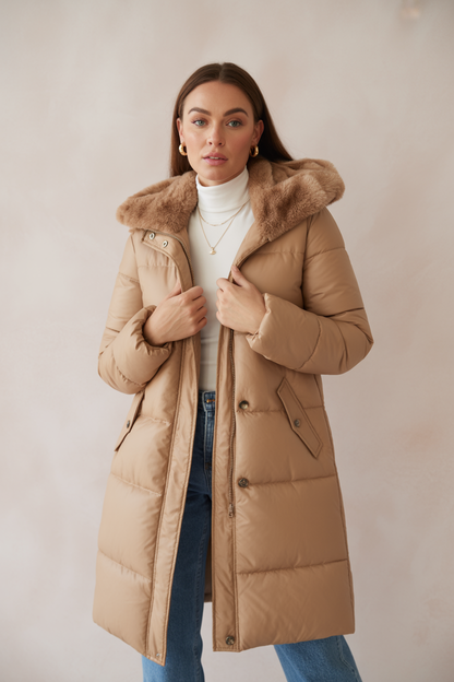 Bella | Women's Long Quilted Jacket with Hood & Faux Fur