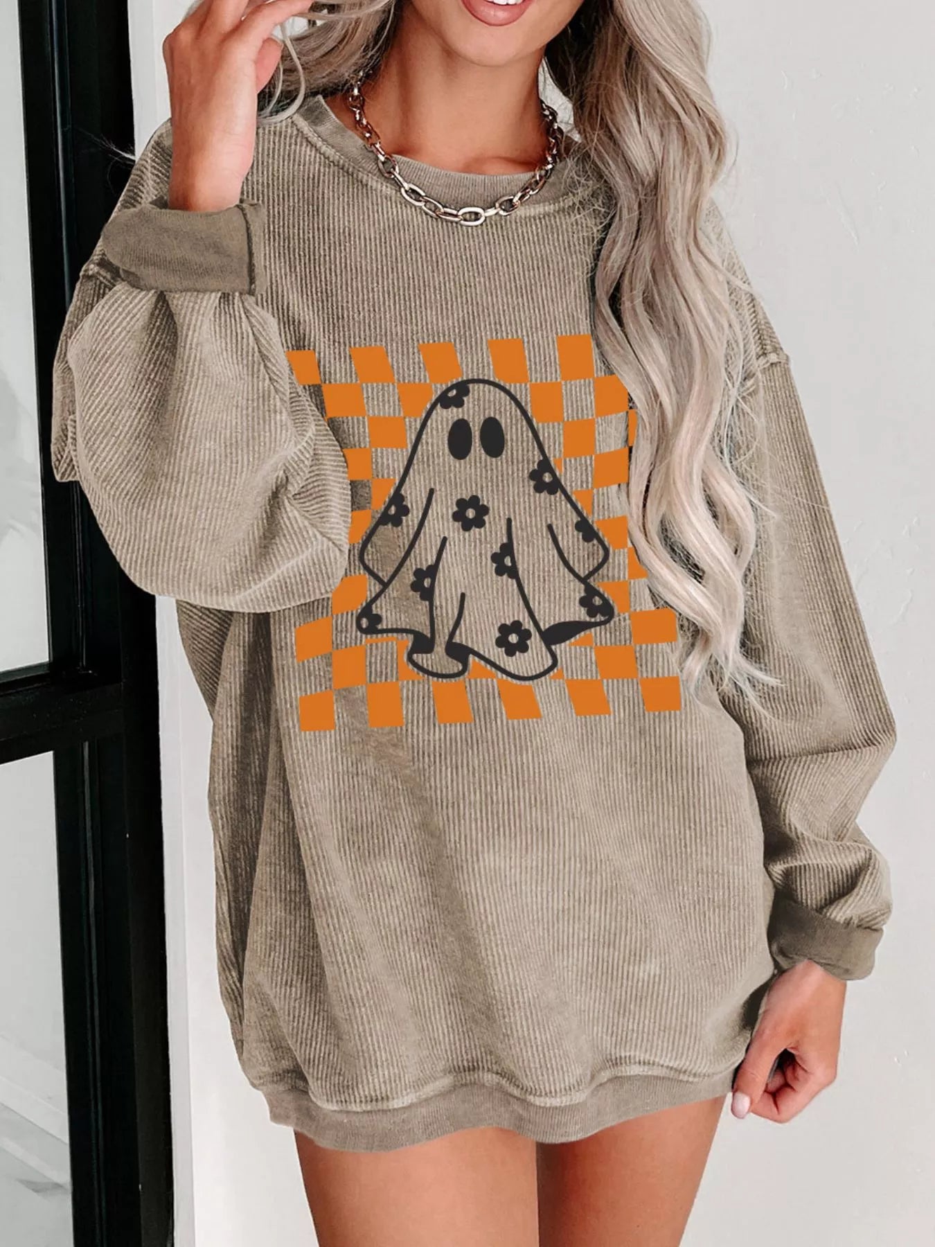 Halloween Checkerboard Floral Ghost Graphic Corded Sweatshirt