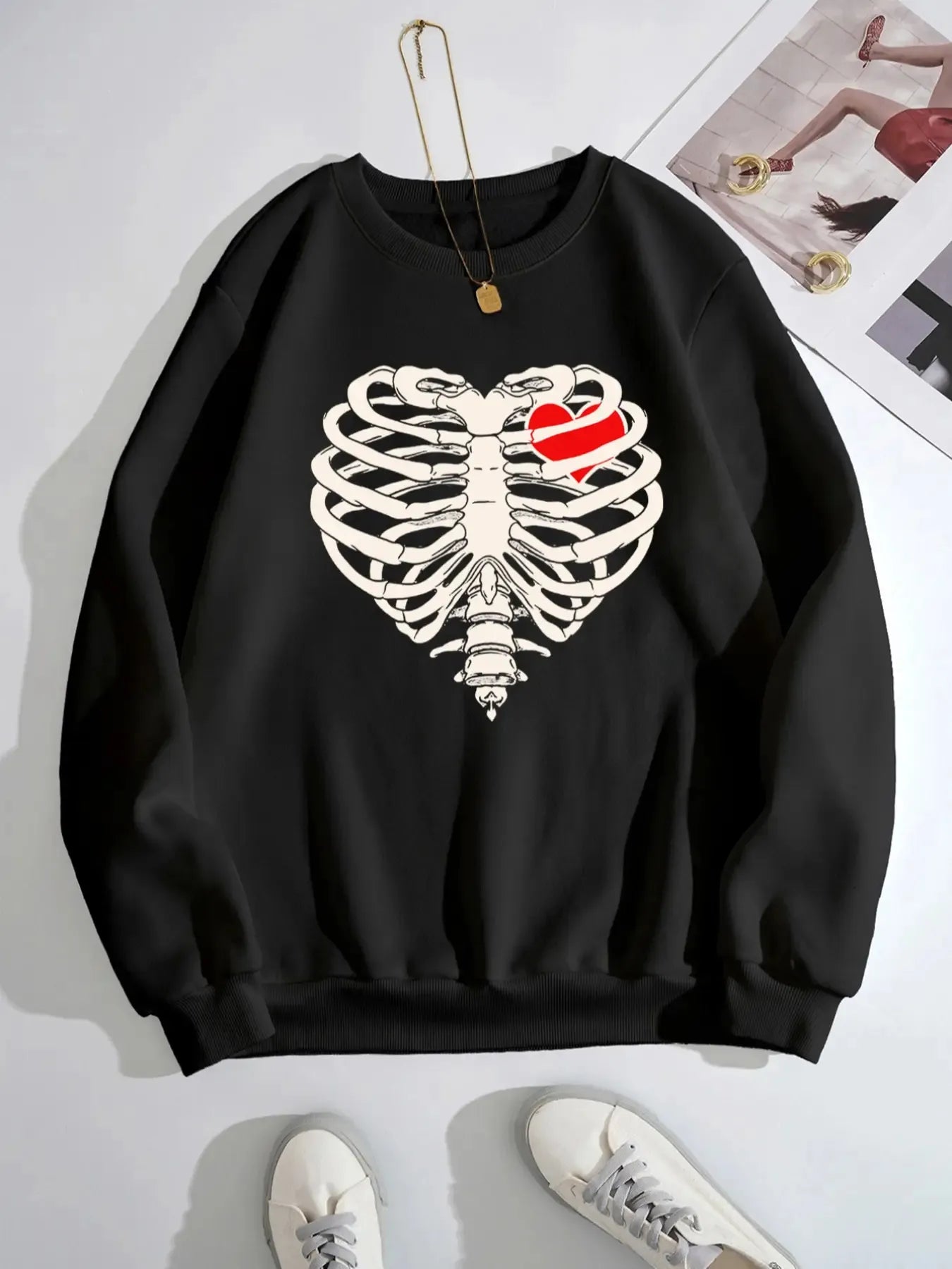 Skeleton Heart Round Neck Sweatshirt