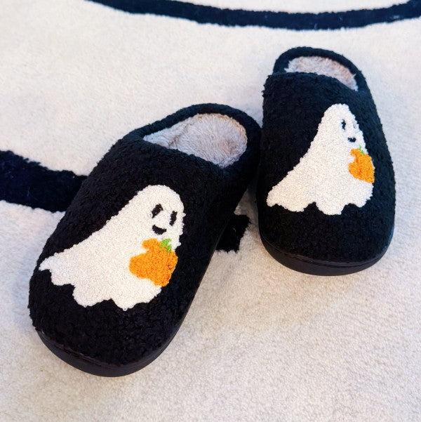 Spooky Ghost Cozy Slippers – Soft Black Slippers w