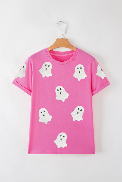 Sachet Pink Sequin Halloween Ghost Patched Casual T Shirt