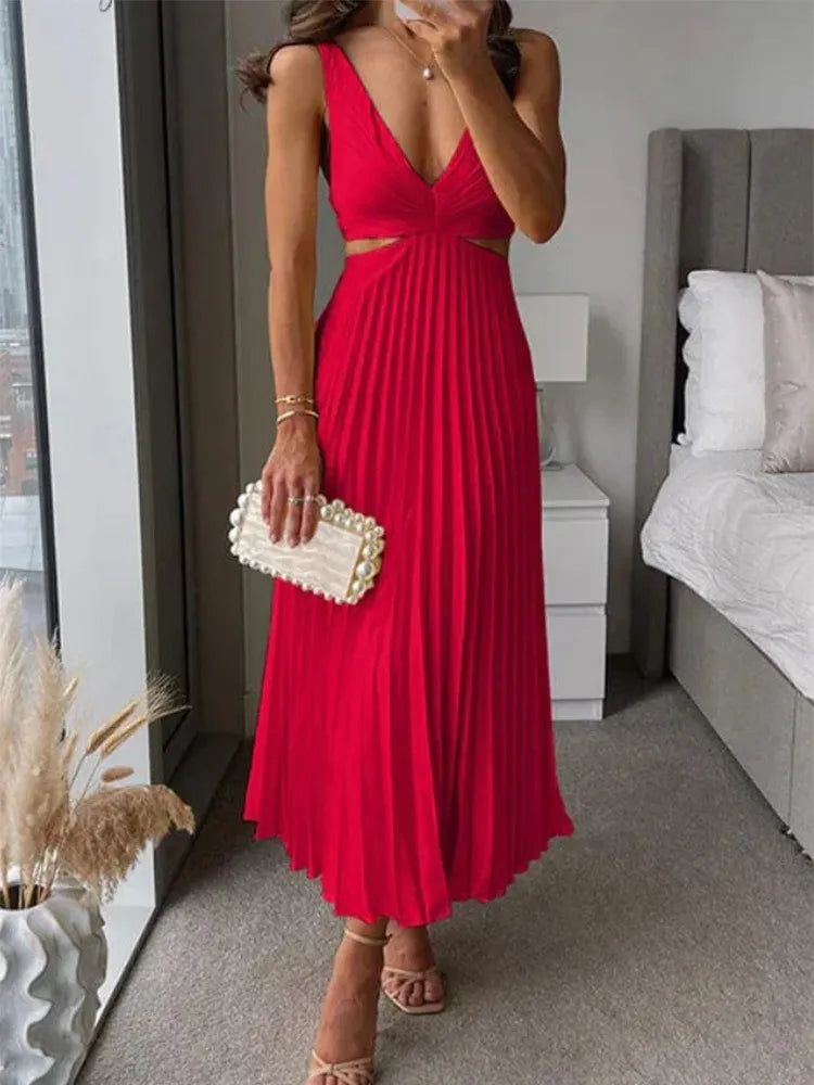 Caroline - Elegant V-Neck Pleated Skirt Dress for Women