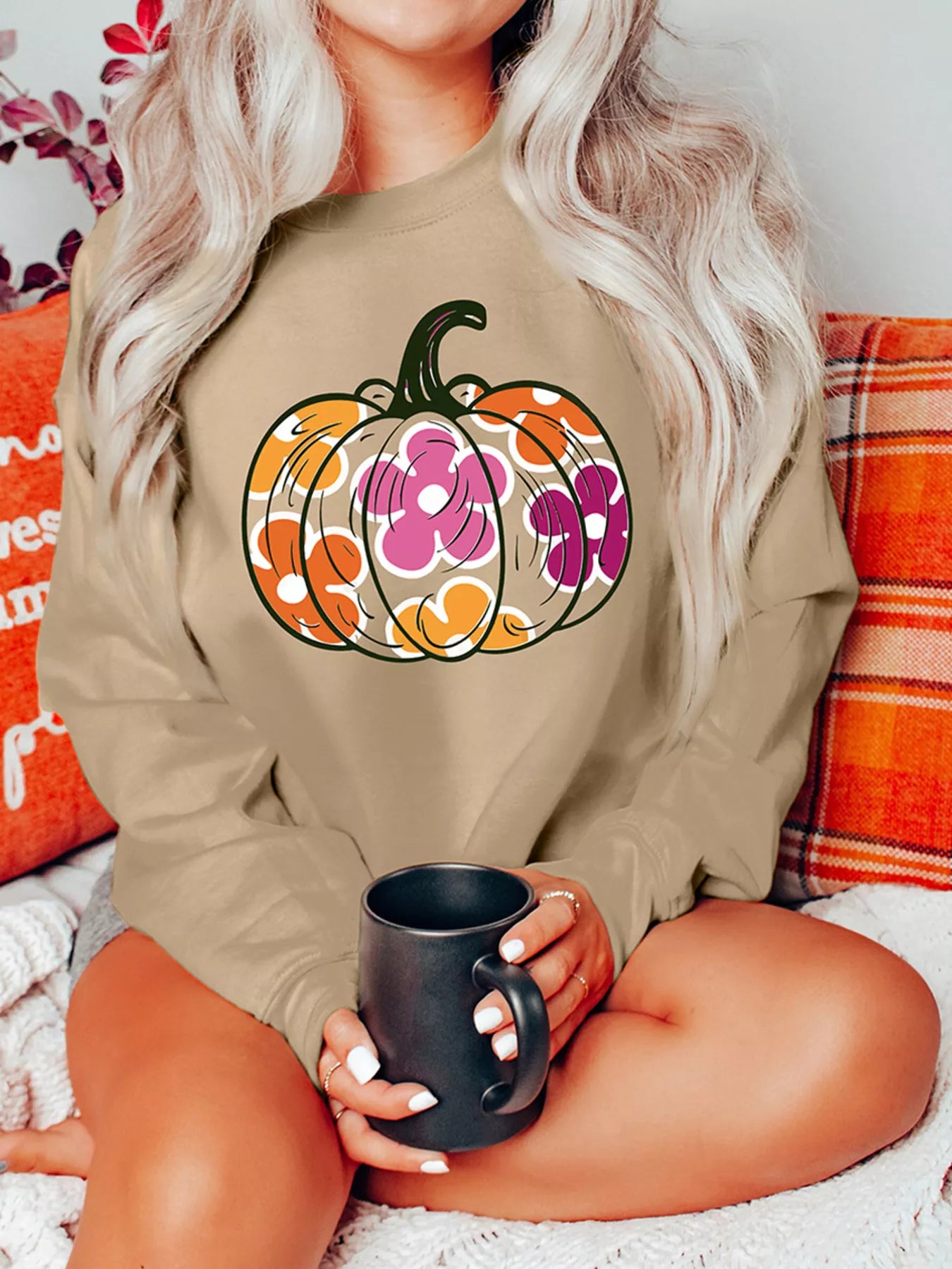 Halloween Floral Pumpkin Graphic Drop Shoulder Sweatshirt