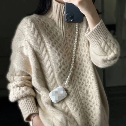 Nathalie – Woolen Cable-Knit Cardigan